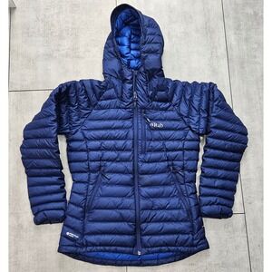 Rab Microlight Alpine Jacket Womens Small Navy Blue Down Puffer Hooded QDA-92